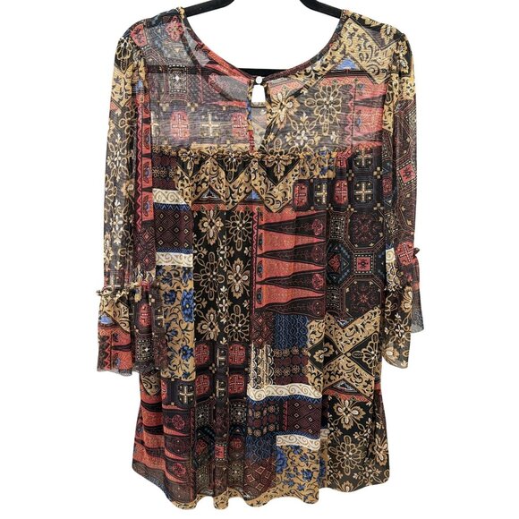 Zoey & Leelo Womens 2X Boho Patchwork Print Sheer Overlay Blouse Lightweight - Picture 5 of 6